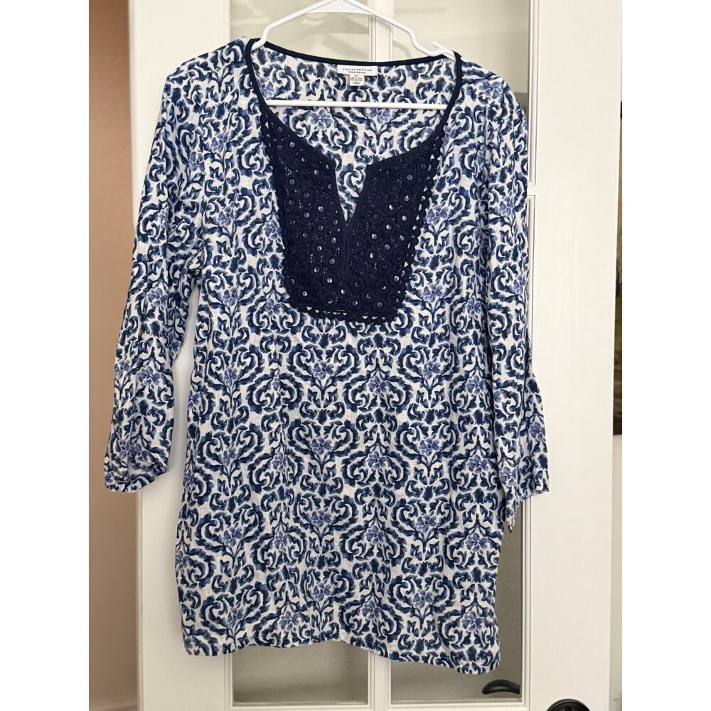 Charter Club Women’s Linen BLUE WHITE Floral Blouse Tunic XL